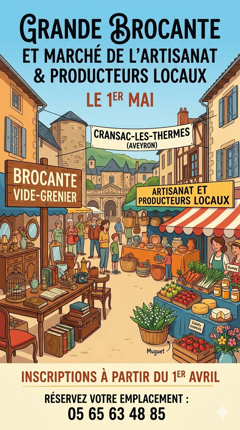Rendez-vous le 1er mai pour chiner et découvrir nos producteurs locaux ! Affiche de la brocante et du marché artisanal du 1er mai à Cransac-les-Thermes organisée par les Orteils au Soleil.