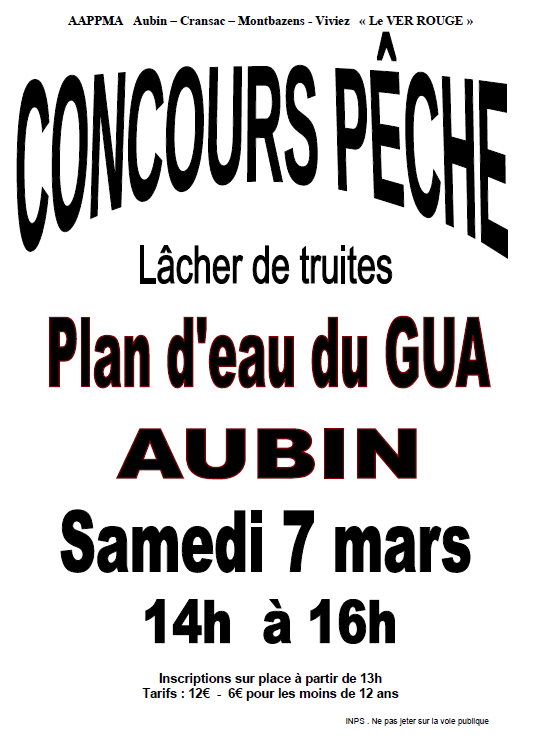 Affiche du concours de pêche au lâcher de truites, Plan d'eau du Gua à Aubin