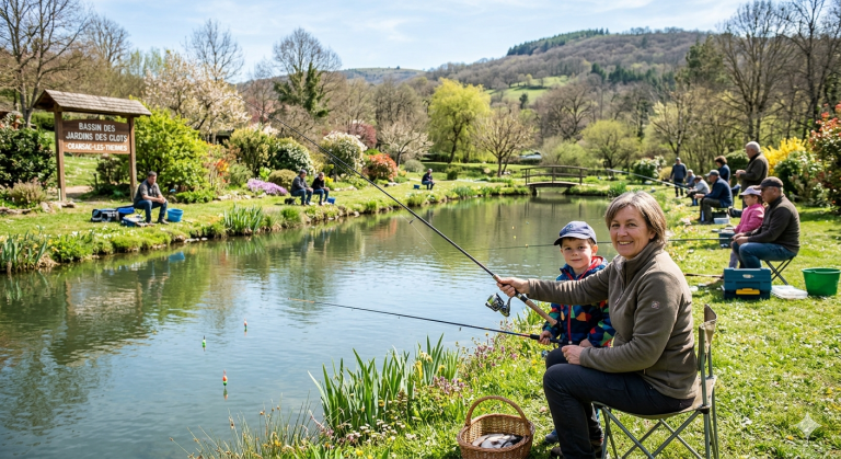 "Pêcheurs au bord du bassin des Jardins des Clots à Cransac-les-Thermes pour l'ouverture de la saison."