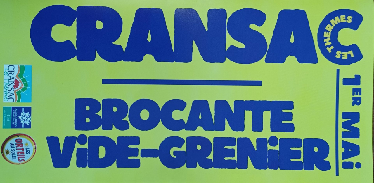 Affiche de la journée festive du 1er mai à Cransac-les-Thermes organisée par Les Orteils au Soleil : vide-grenier, artisanat, déjeuner tripoux, concert et danse.