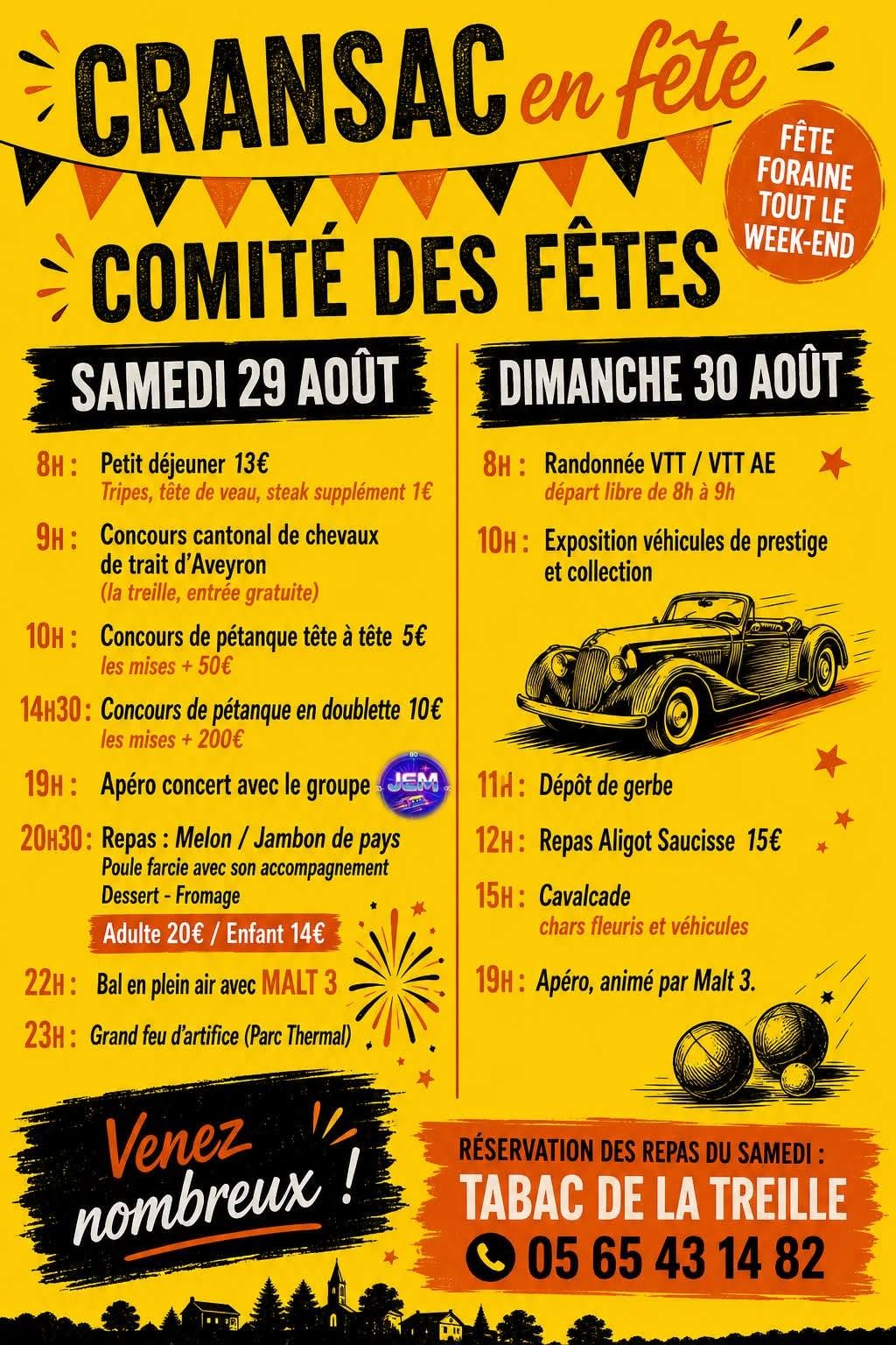 Affiche officielle Cransac en fête du Comité des fêtes de Cransac-les-Thermes présentant le programme complet du samedi 29 et dimanche 30 août : feu d'artifice, cavalcade, repas aligot, concours de pétanque et fête foraine.